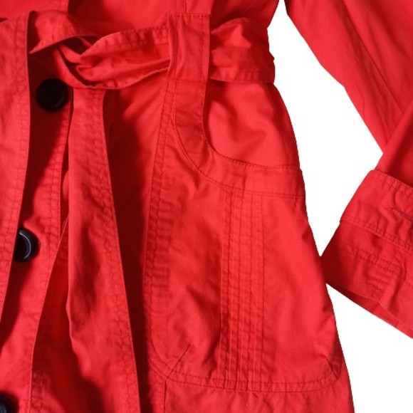 Size 12 Red Mid Thigh Length Belted Trench Coat - Picture 5 of 10